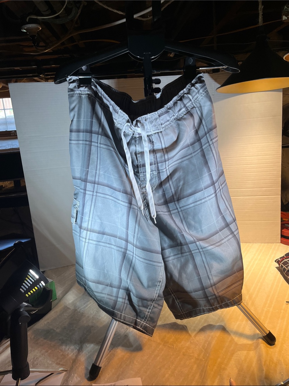 OP Men's Light Gray Plaid Swim Trunks with Drawstring